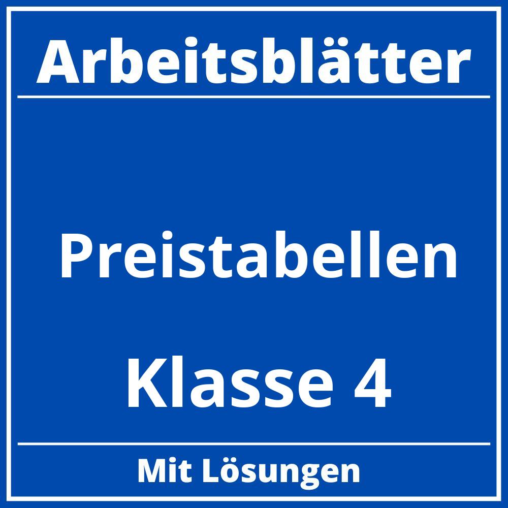 Preistabellen Klasse 4 Arbeitsblätter